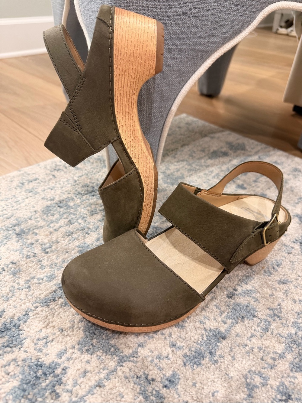 Dansko Olive Green Slingback Clogs with Wood-Look Heel